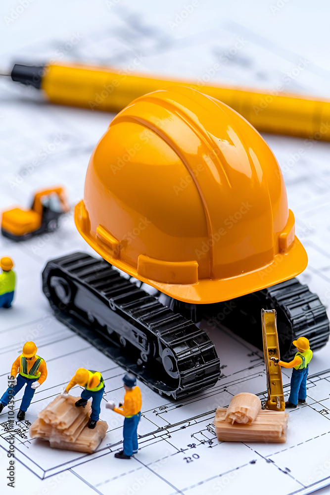 A miniature construction scene featuring a yellow hard hat, a toy excavator, and workers on blueprints, symbolizing engineering and building projects. A miniature construction scene featuring a yellow hard hat, a toy excavator, and workers on blueprints, symbolizing engineering and building projects.