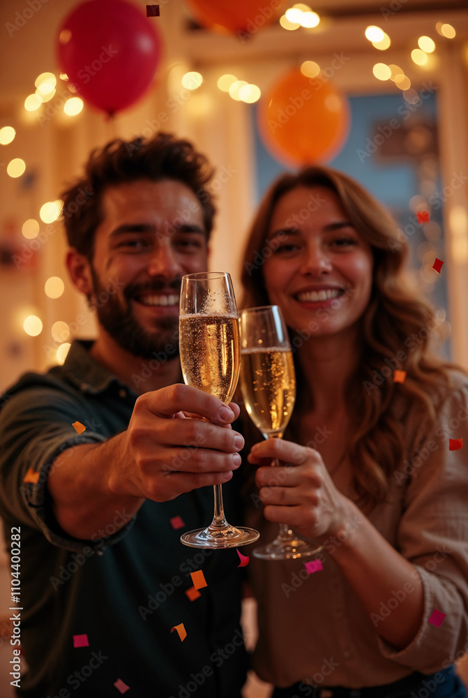 New Year's toast with champagne glasses at a festive party with balloons and confetti. New Year's toast with champagne glasses at a festive party with balloons and confetti.