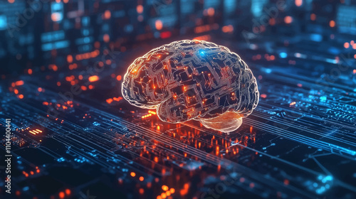 Big data and artificial intelligence concept. Human brain glowing from processor, symbolizing the fusion of human intelligence and machine learning capabilities. Evolution of technology of data