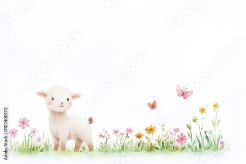 Adorable lamb standing in a meadow surrounded by colorful wildflowers and a butterfly, whimsical watercolor illustration with copy space, spring and nature themes, ideal for children’s designs or gree