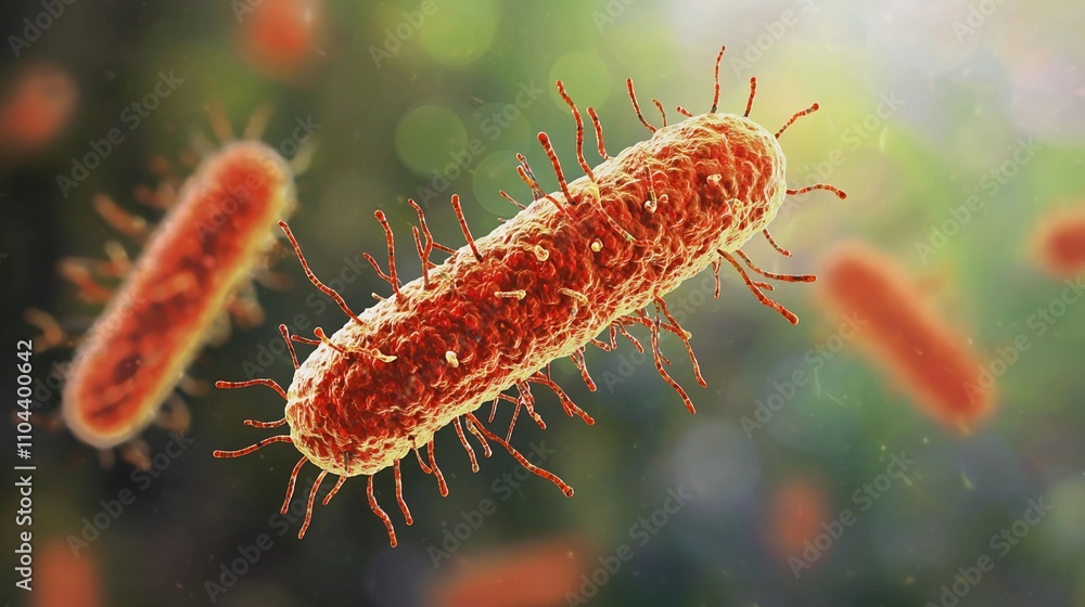 Close-up view of rod-shaped bacteria with numerous flagella, exhibiting vibrant orange-red coloration against a blurred, out-of-focus green background. Close-up view of rod-shaped bacteria with numerous flagella, exhibiting vibrant orange-red coloration against a blurred, out-of-focus green background.
