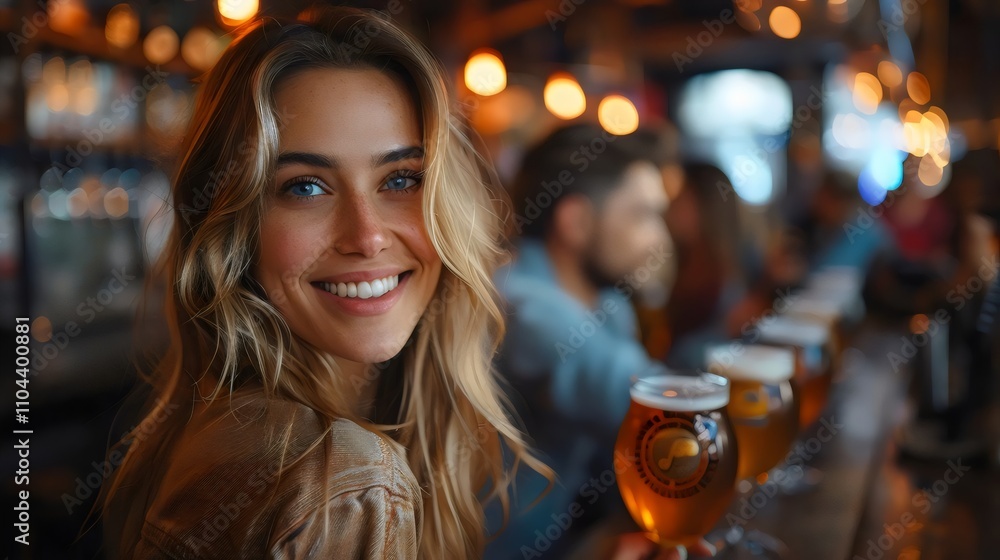 A woman with blonde hair is smiling at the camera in a bar A woman with blonde hair is smiling at the camera in a bar