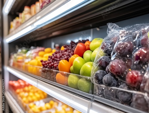 Focus on a neatly arranged refrigerated shelf in a grocery store, displaying colorful fruits and vegetables with a clear area for promotional text on the right photo