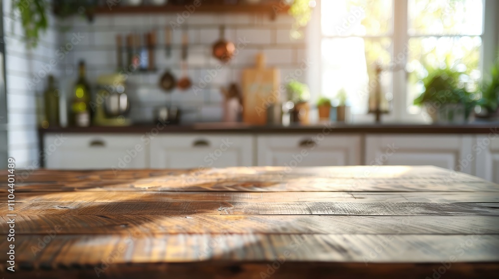 Wooden table with blurred kitchen background for product display or visual design. Wooden table with blurred kitchen background for product display or visual design.