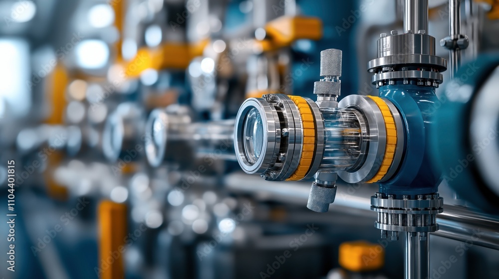 Close-up of industrial machinery featuring metal pipes, valves, and connectors with a blue and yellow color scheme, emphasizing modern technology and precision engineering. Close-up of industrial machinery featuring metal pipes, valves, and connectors with a blue and yellow color scheme, emphasizing modern technology and precision engineering.