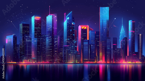 Futuristic night city. Cityscape on a colorful background with bright and glowing neon lights. Wide city front perspective view. Cyberpunk and retro wave style illustration.