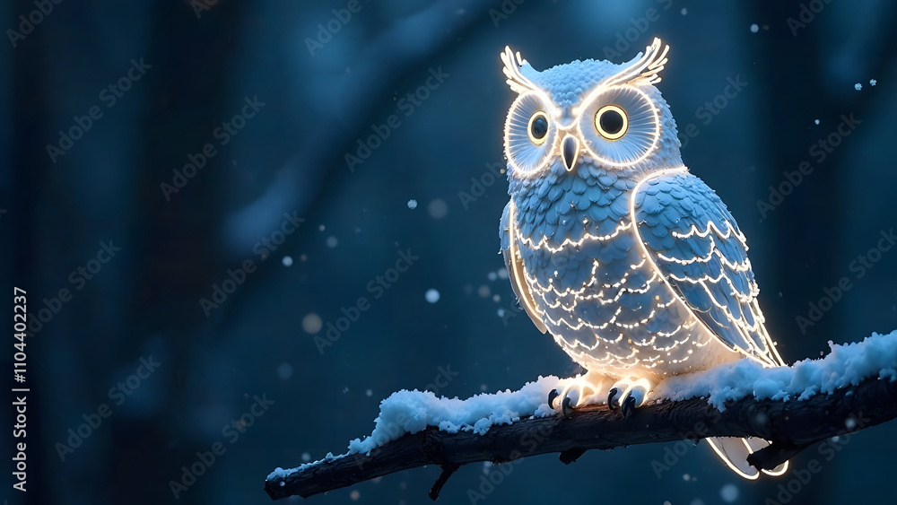 Mockup with space for text futuristic sparkling white figure of an owl sitting on a tree branch in winter. Mockup with space for text futuristic sparkling white figure of an owl sitting on a tree branch in winter.