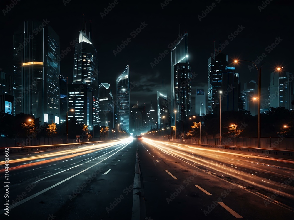 Naklejka premium Cityscape at night with abstract lighting and car traffic.