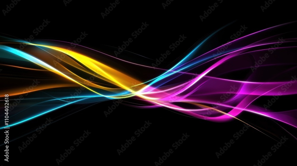 Naklejka premium A vibrant abstract background featuring overlapping glowing wave patterns in neon shades of cyan, violet, and yellow, set against a dark backdrop. The fluid, dynamic design evokes energy and modern