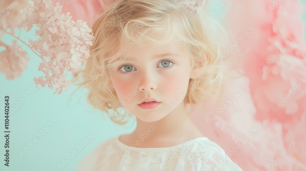 A blonde girl with short wavy hair, standing near pink flowers on a pastel background A blonde girl with short wavy hair, standing near pink flowers on a pastel background