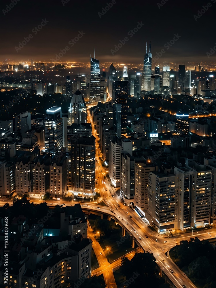 Obraz premium Cityscape at night with connected networks.