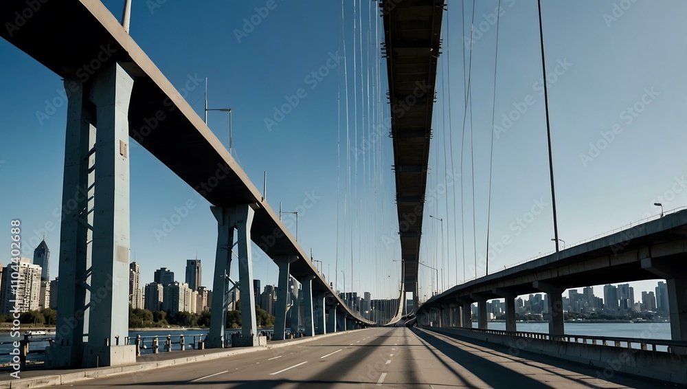 Fototapeta premium Cityscape of a modern bridge under a clear blue sky.