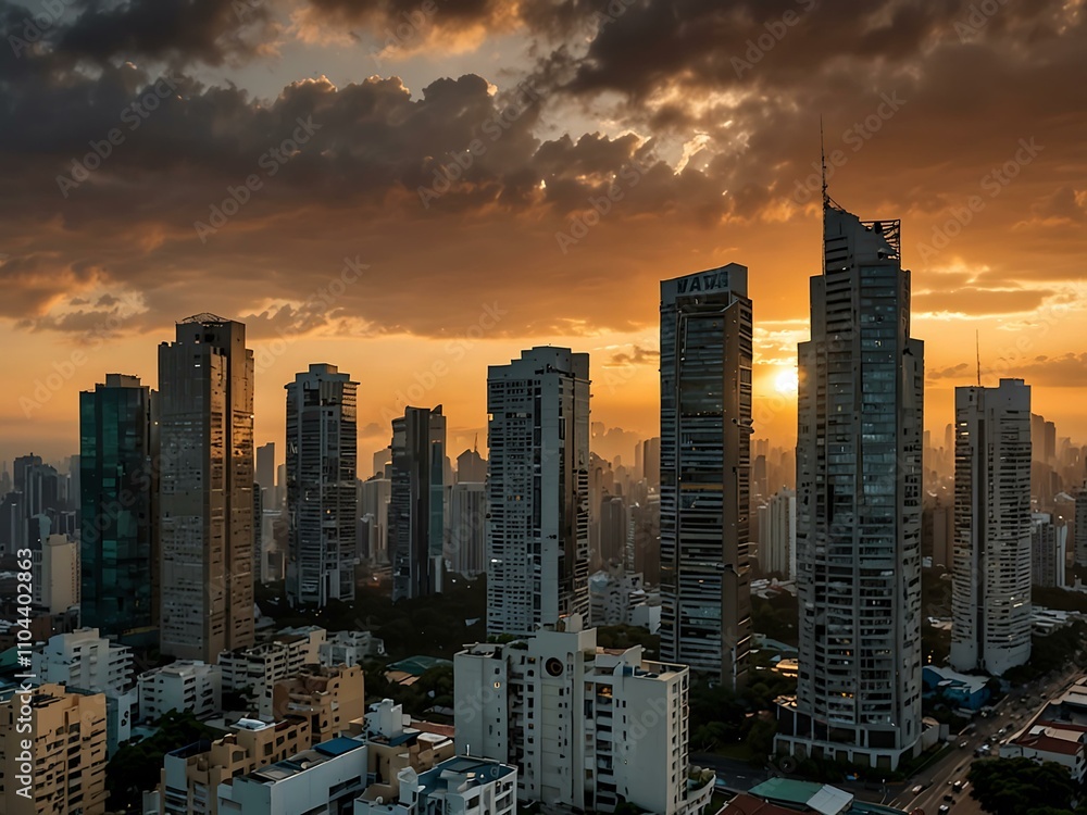 Fototapeta premium Cityscape of Makati, Metro Manila with sunset and skyscrapers.