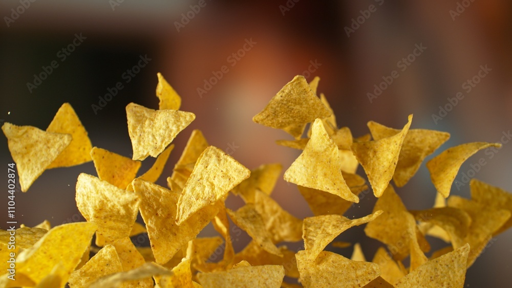 Freeze motion of flying fried tortilla nachos chips on gradient yellow background Freeze motion of flying fried tortilla nachos chips on gradient yellow background