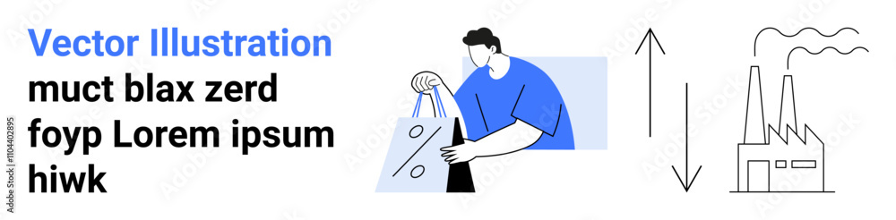 Person conducting an experiment with lab equipment, industrial factory icons with vertical arrows representing progress and development. Ideal for scientific research, industry growth, technological Person conducting an experiment with lab equipment, industrial factory icons with vertical arrows representing progress and development. Ideal for scientific research, industry growth, technological