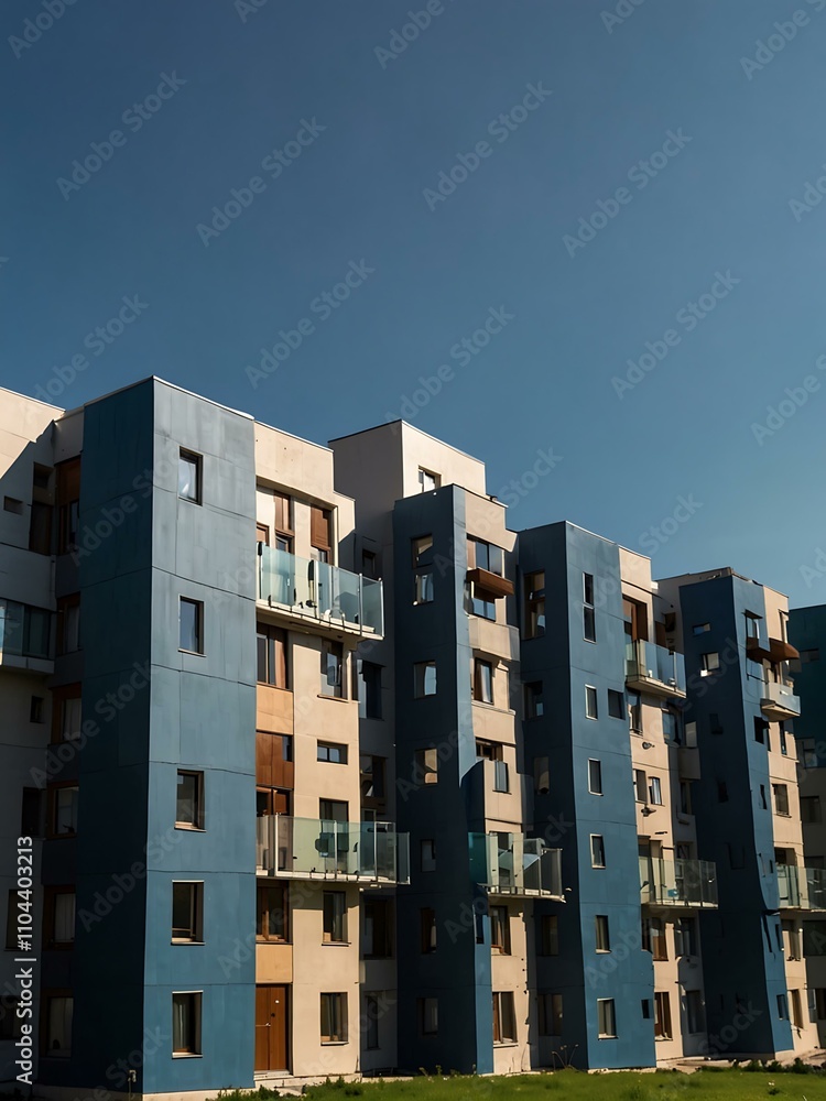 Cityscape with modern houses under a clear blue sky. Cityscape with modern houses under a clear blue sky.