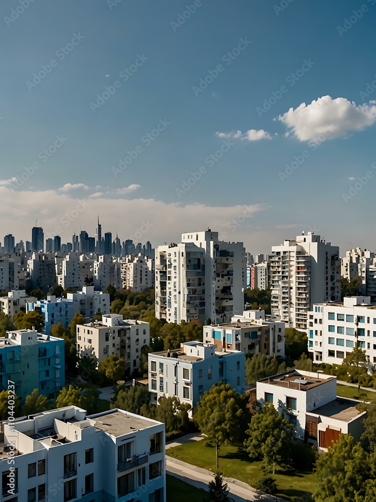 Fototapeta premium Cityscape with modern houses under a clear blue sky.