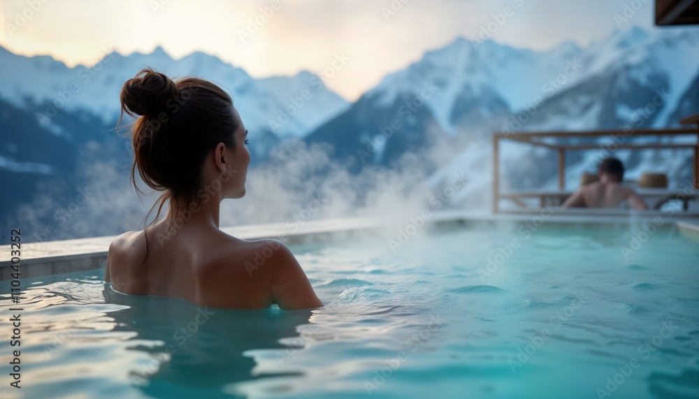Woman relaxes in hot spa pool with snowy mountain background. Steam rises from warm water. Winter scenery. Wellness, health, and spa retreat. Enjoying nature in winter. Woman relaxes in hot spa pool with snowy mountain background. Steam rises from warm water. Winter scenery. Wellness, health, and spa retreat. Enjoying nature in winter.