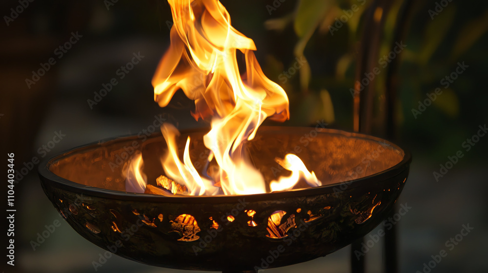 Radiant flames dancing in an eternal brazier create a mesmerizing display of light and warmth in a tranquil outdoor setting Radiant flames dancing in an eternal brazier create a mesmerizing display of light and warmth in a tranquil outdoor setting