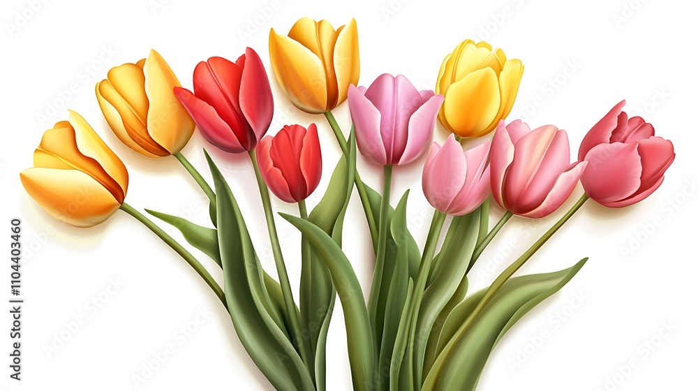 arrangement of a bunch of tulips in various colors (red, yellow, pink) on a white background, showcasing their smooth, elongated petals and vibrant colors