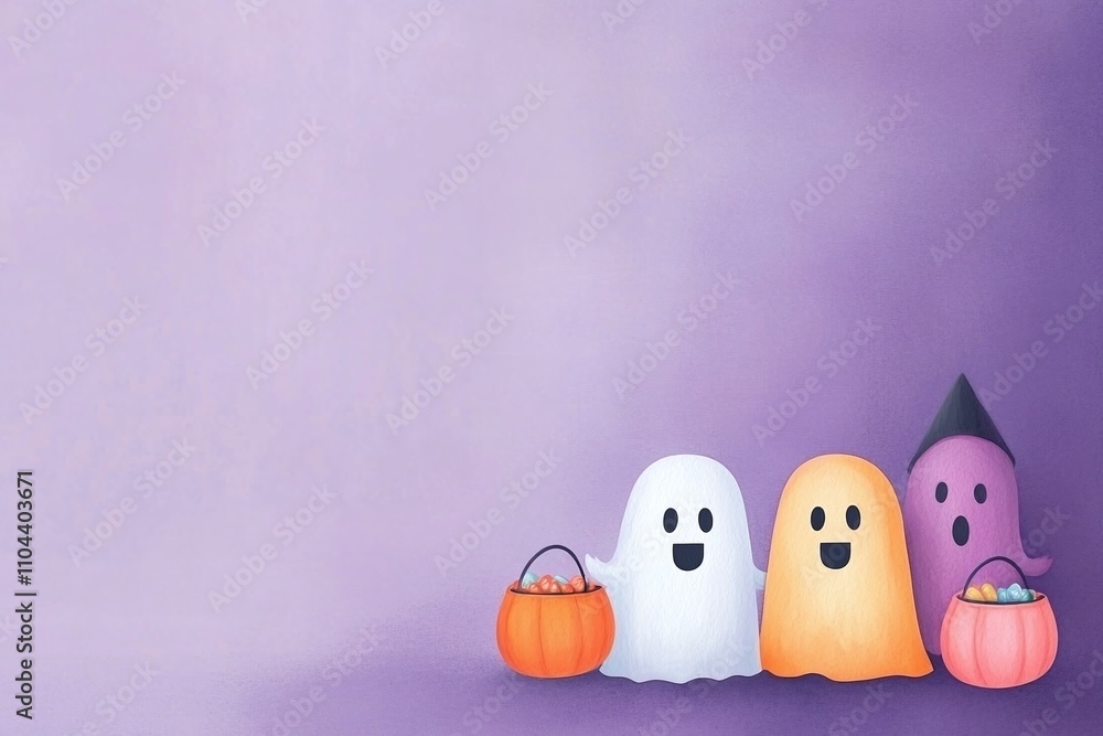 Obraz premium Adorable Halloween ghosts with trick-or-treat buckets on a purple background, minimalistic and playful illustration with copy space, festive design for seasonal greeting cards, posters