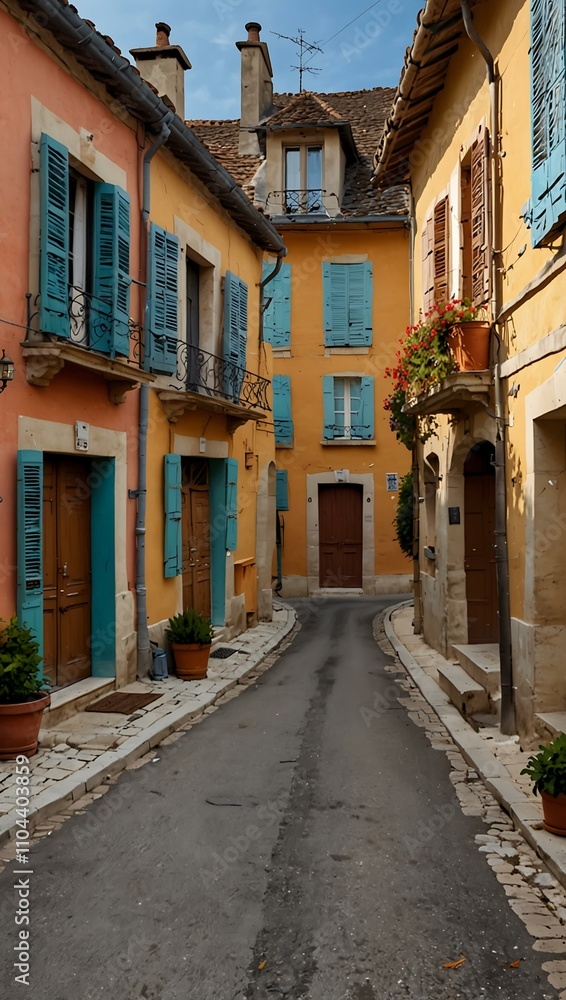 Classic French village street with colorful homes. Classic French village street with colorful homes.
