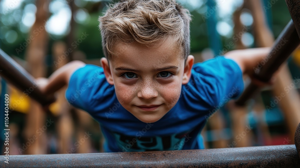 Fototapeta premium A playful boy engages in climbing at a playground, showcasing the spirit of curiosity and exploration in a joyful outdoor setting among nature.