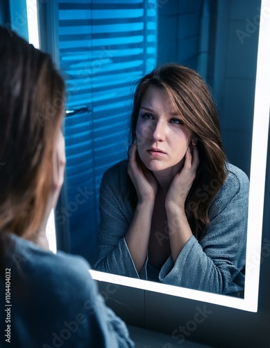 A person looking at themselves in the mirror upon waking up, with an expression of fatigue and sadness. The room is dim and cluttered, with cold, dark tones conveying the feeling of being trapped in t