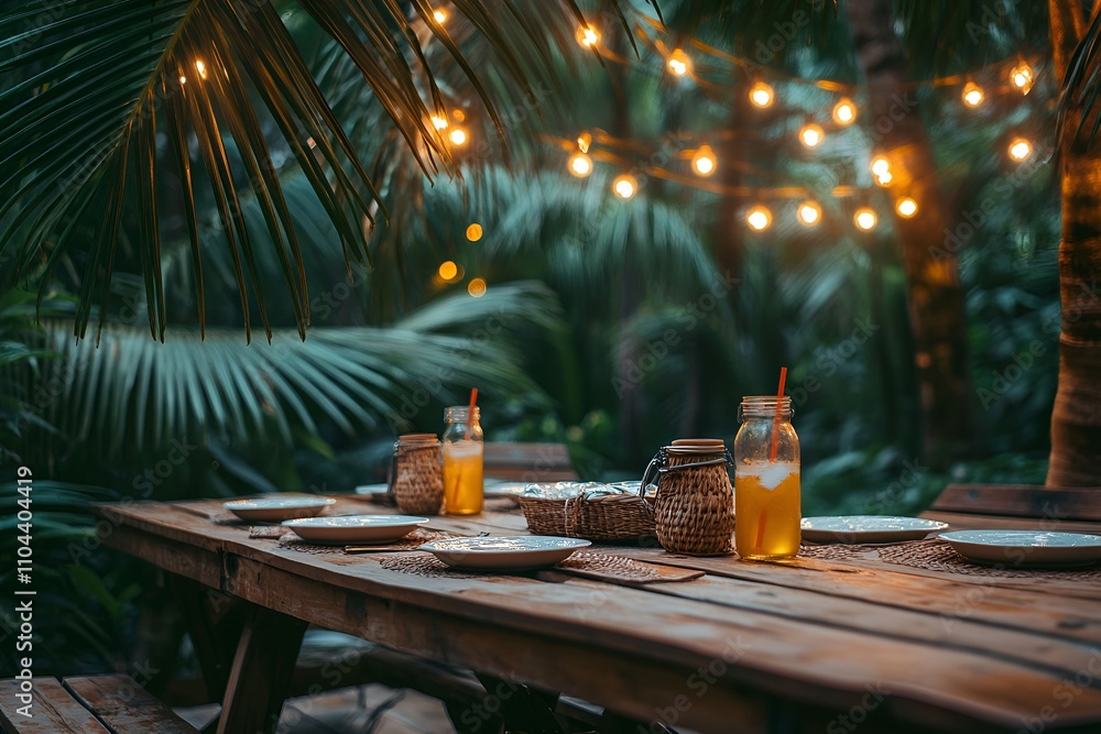 Rustic outdoor table set for a tropical evening with glowing lights and palm trees in the background Rustic outdoor table set for a tropical evening with glowing lights and palm trees in the background