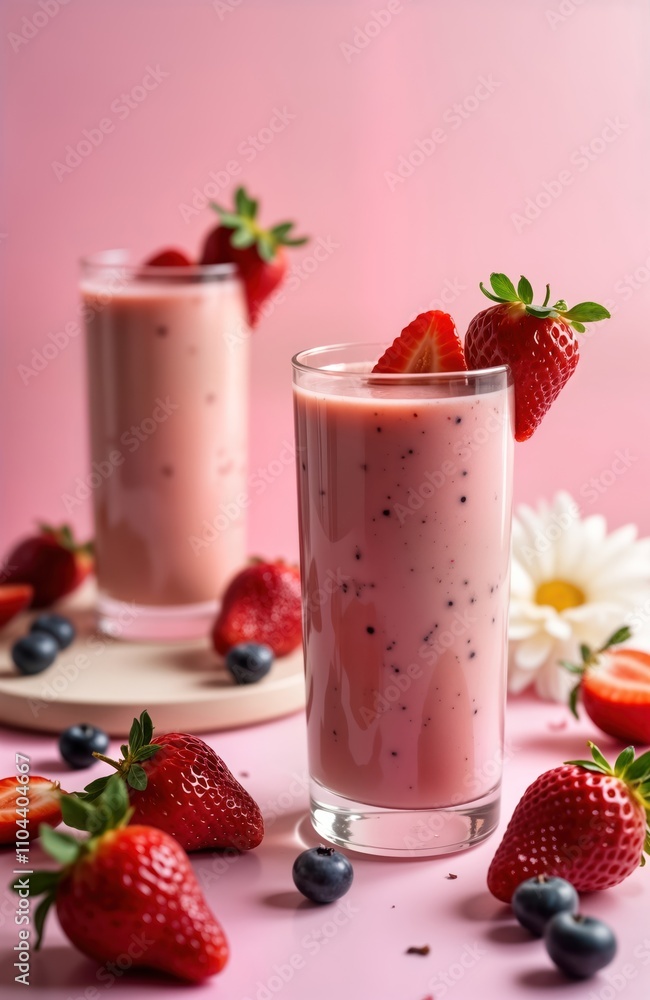 Pink table with glasses of strawberry smoothie and fresh berries. Healthy breakfast or dessert. Smoothie looks delicious and refreshing. Ideal for summer. Modern kitchen setting. Pink table with glasses of strawberry smoothie and fresh berries. Healthy breakfast or dessert. Smoothie looks delicious and refreshing. Ideal for summer. Modern kitchen setting.
