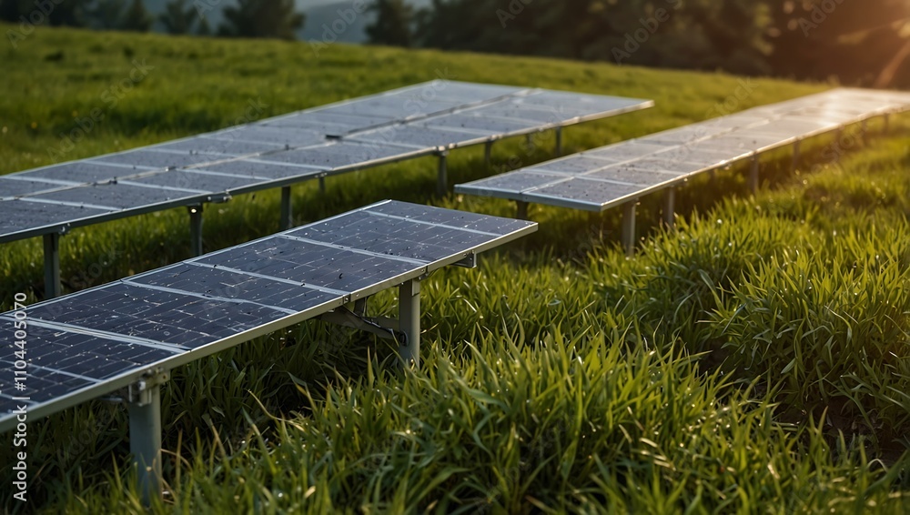 Fototapeta premium Clean energy solar panels in a grassy field.
