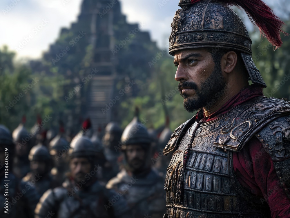 A powerful warrior clad in intricate armor faces the horizon, embodying bravery and strength amidst a backdrop of an ancient temple and gathering soldiers. A powerful warrior clad in intricate armor faces the horizon, embodying bravery and strength amidst a backdrop of an ancient temple and gathering soldiers.