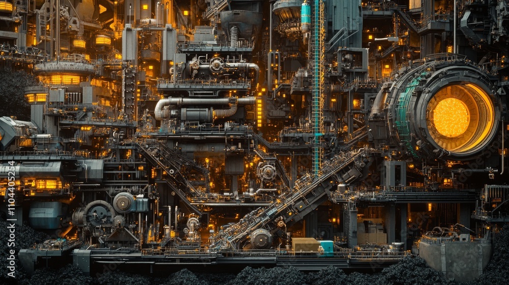 futuristic industrial scene where raw materials like coal, metal ores, and timber are integrated into glowing machinery, symbolizing the interplay between natural resources and human innovation, 16:9 futuristic industrial scene where raw materials like coal, metal ores, and timber are integrated into glowing machinery, symbolizing the interplay between natural resources and human innovation, 16:9