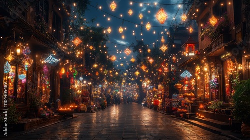 Wallpaper Mural Illuminated night street market with hanging lanterns, shops, and people. Torontodigital.ca