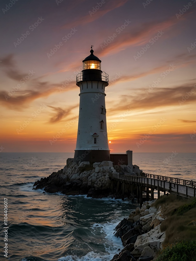 Cliffside lighthouse against the sea and sunset. Cliffside lighthouse against the sea and sunset.