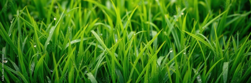 Lush green grass texture background with dew drops, vibrant