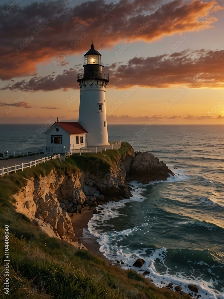 Cliffside lighthouse against the sea and sunset. Cliffside lighthouse against the sea and sunset.