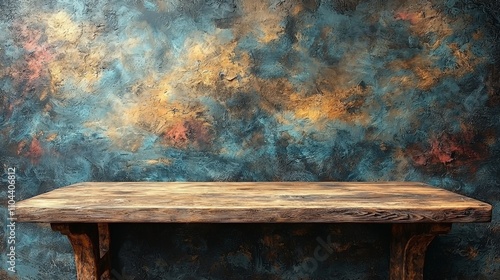 A rustic wooden table set against a textured blue and gold wall, ideal for photography or display.