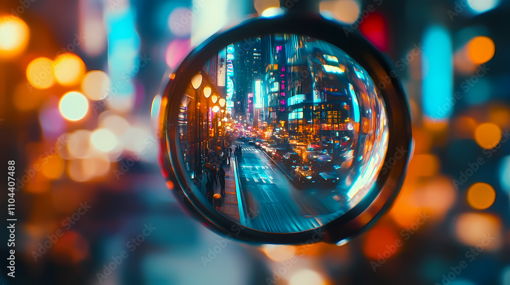A cinematic close-up of a lens capturing the vibrant city lights of a bustling street, with reflections creating a kaleidoscopic effect. Kaleidoscopic. Illustration A cinematic close-up of a lens capturing the vibrant city lights of a bustling street, with reflections creating a kaleidoscopic effect. Kaleidoscopic. Illustration