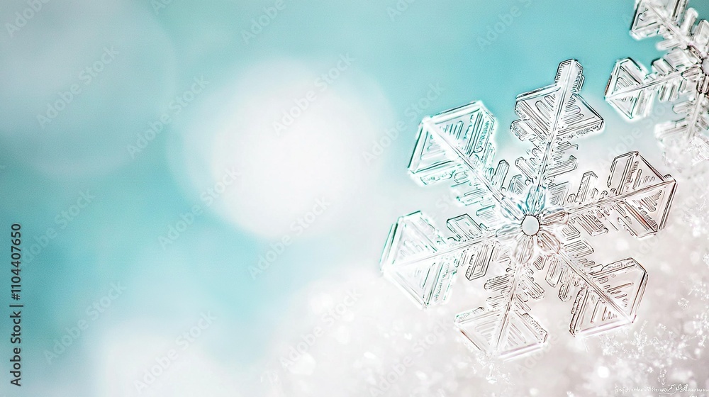 Close-up photo of a snowflake with snowflakes in foreground and blue sky background Close-up photo of a snowflake with snowflakes in foreground and blue sky background