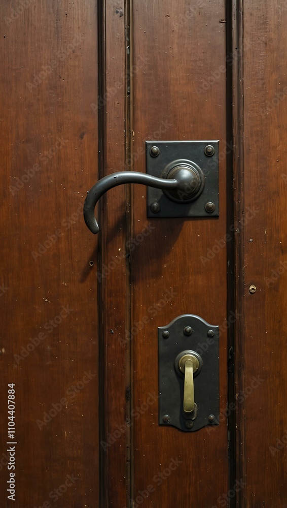 Fototapeta premium Close-up of a brown wooden door with a metal handle.