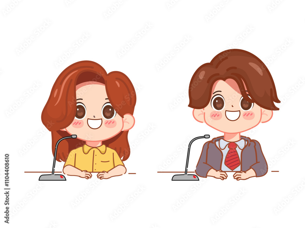Cute cartoon Asian businesswoman and businessman giving a press conference. Cartoon illustration vector design. Cute cartoon Asian businesswoman and businessman giving a press conference. Cartoon illustration vector design.