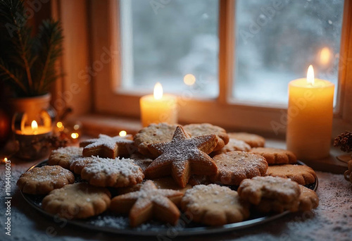 Close-up of an assortment of Christmas cookies with a background of a snowy window and warm, glowing candles, creating a festive holiday atmosphere., snowing outside the window