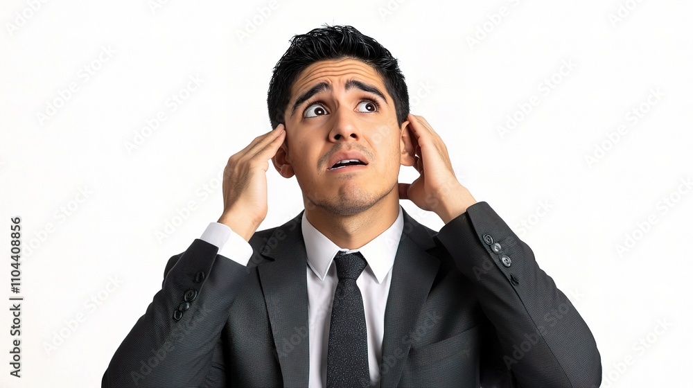 Concerned man in suit with a pained expression touching his head Concerned man in suit with a pained expression touching his head