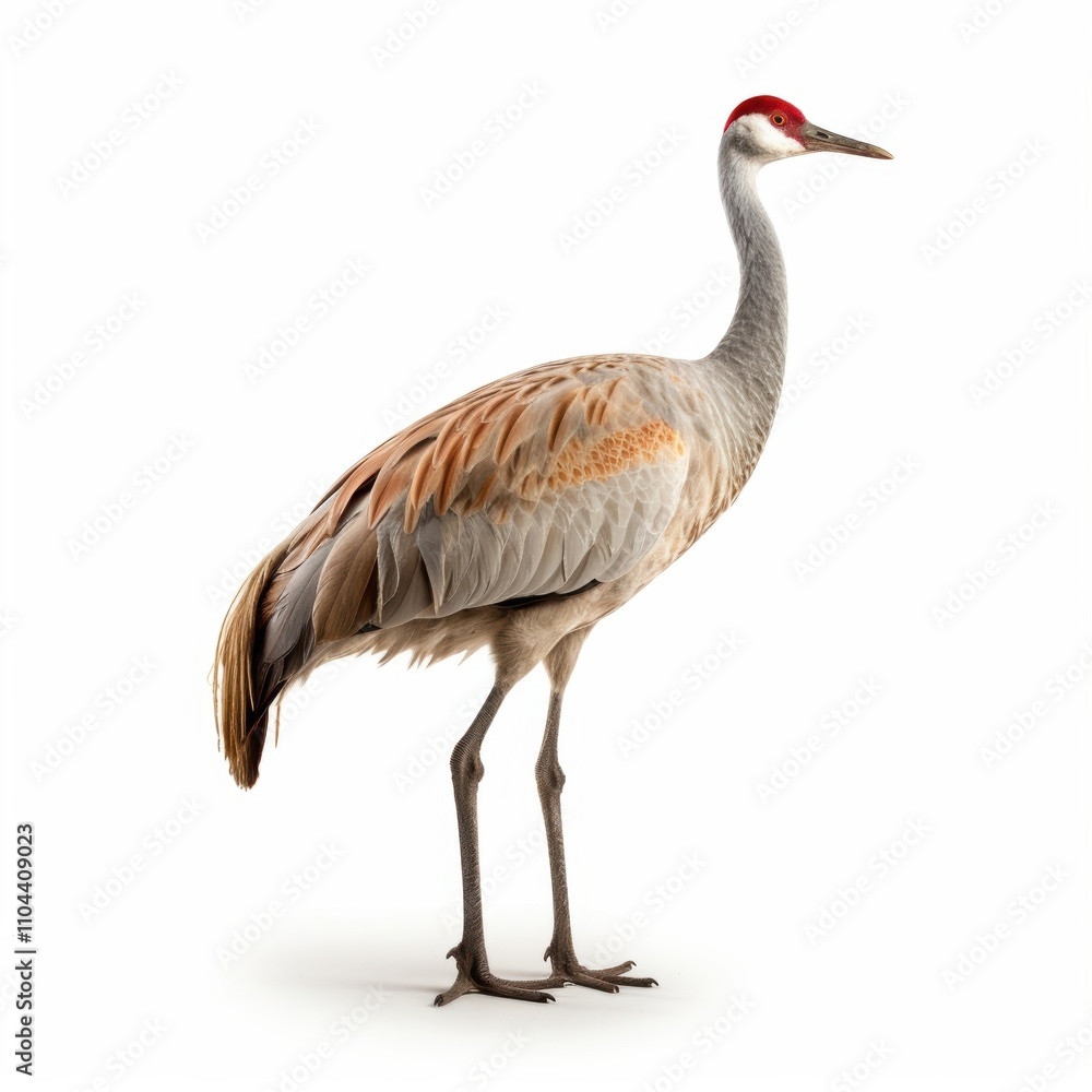 A majestic Sandhill Crane stands elegantly, showcasing its distinctive features and beautiful plumage against a white background. A majestic Sandhill Crane stands elegantly, showcasing its distinctive features and beautiful plumage against a white background.