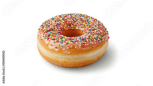 A single glazed donut with colorful sprinkles evenly spread on top, placed on a pristine white background