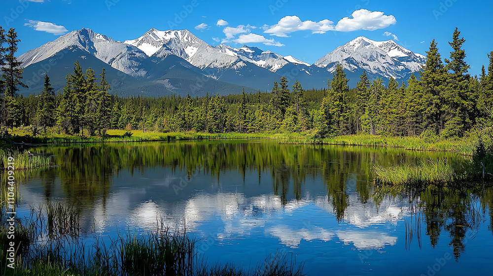 Reflection of stunning snow-capped mountains in a serene alpine lake surrounded by lush forests on a clear blue day Reflection of stunning snow-capped mountains in a serene alpine lake surrounded by lush forests on a clear blue day