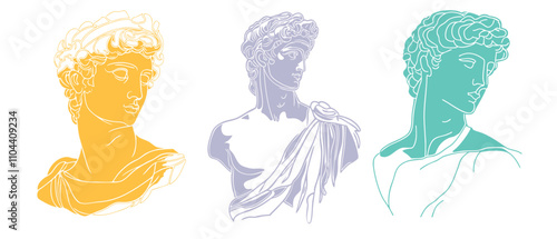 A set of ancient greek god statue sculptures in a modern abstract line art style