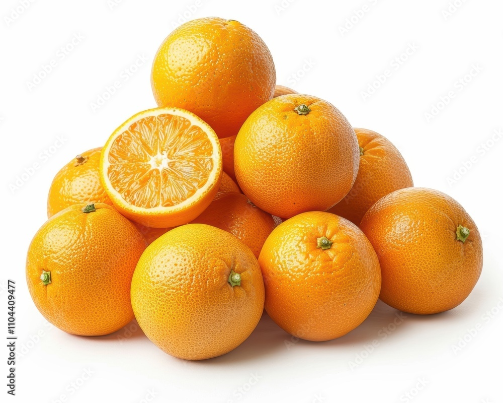 A vibrant pile of fresh oranges, showcasing their bright orange color and juicy texture, with one orange halved to reveal the fruit inside. A vibrant pile of fresh oranges, showcasing their bright orange color and juicy texture, with one orange halved to reveal the fruit inside.
