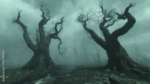 Scary dark forest at night. Halloween background with spooky woods. Vector cartoon illustration of creepy deep forest landscape with tree trunks, grass and stones
